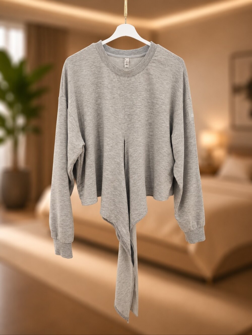 ALO Yoga Grey Tie-Front Cropped Sweatshirt - Picture 1 of 5